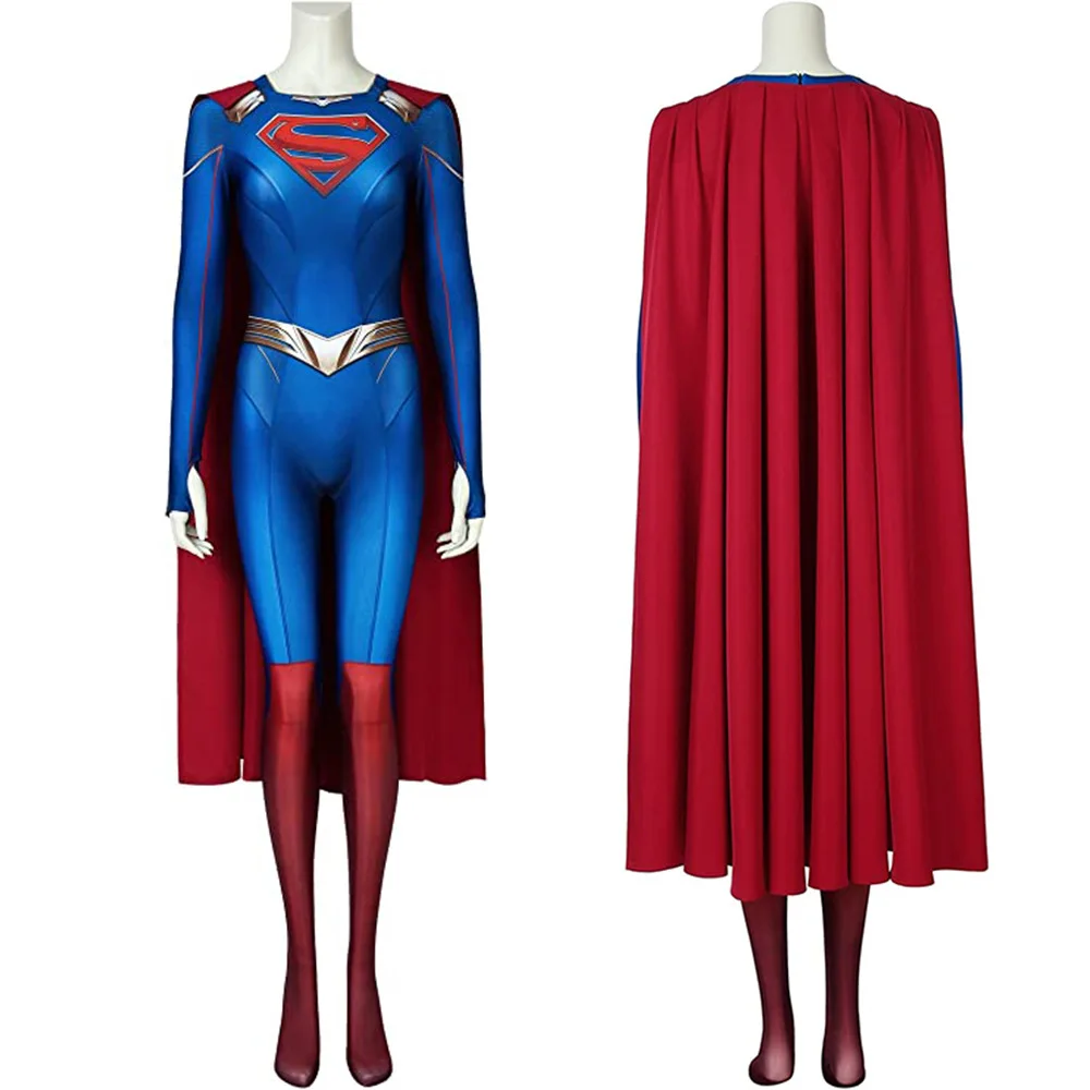 

3D Supergirl Season 5 Costume Cosplay Superwoman Jumpsuit Halloween Costumes Blue Bodysuit and Red Cape Set