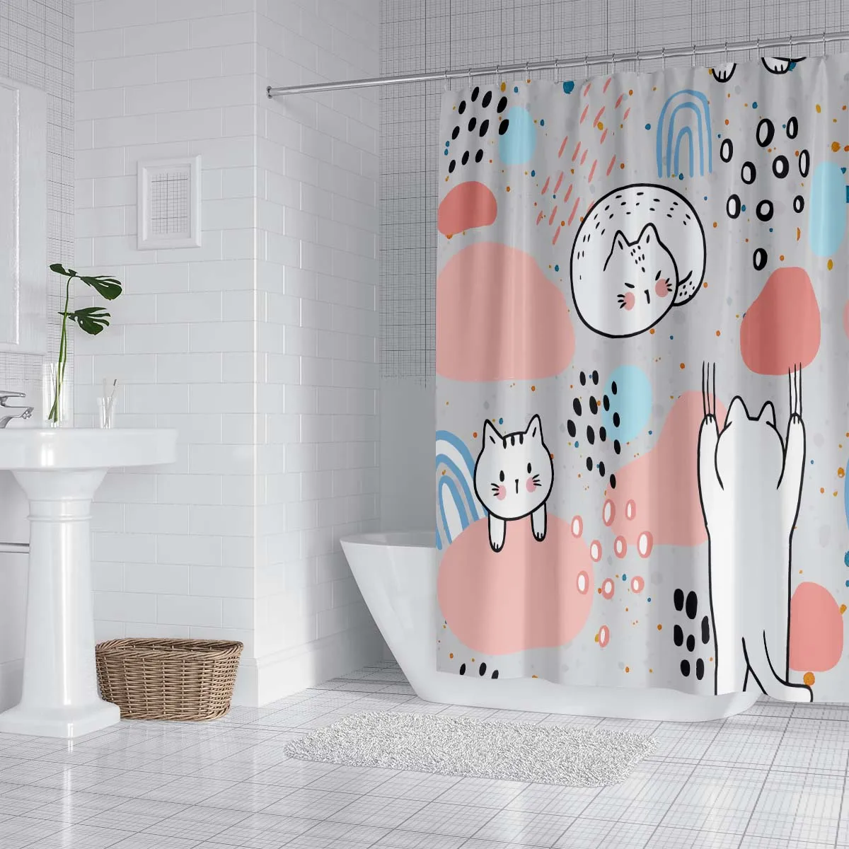 180x180cm bathroom waterproof polyester shower curtain, mold resistant, perforated with hooks, light gray pink cartoon kitten