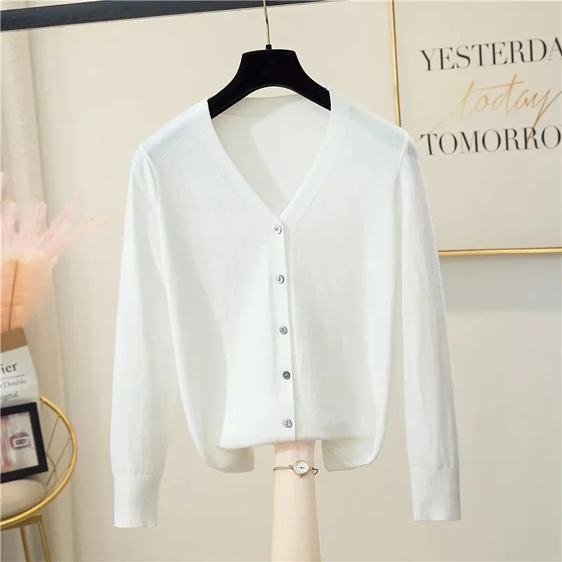 

Sweater Knitted Cardigan Button Jacket 2025 Autumn Winter V-neck Long Sleeve Casual Short Tops For Women Sweater Grey White
