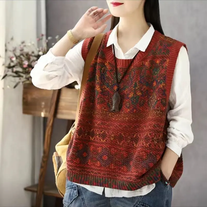 Women Clothing Vintage Jacquard Casual Streetwear All Match Sweater Vest Autumn Winter O Neck Sleeveless Loose Knitted Waistcoat