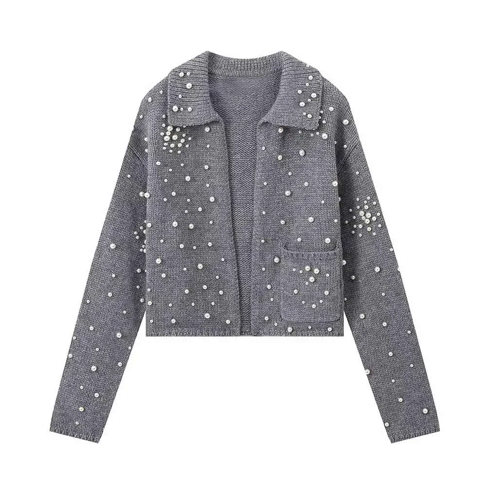 Women's new fashion artificial pearl decoration casual short lapel knitted coat retro long sleeved pocket women's coat chic top