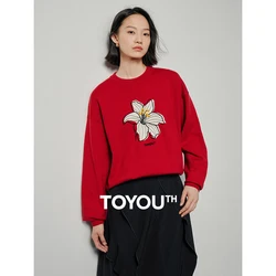 TOYOUTH Women Sweater 2024 Spring 3D Lily Flower Embroidery Long Sleeve Round Neck Loose Knitwear Pullover As Gift