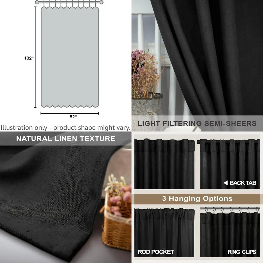 

Черные длинные шторы 102 дюйма для гостиной и столовой - комплект из 2 панелей с карманами на задней стороне, светопропускающие, в стиле бохо-модерн фермерский дом