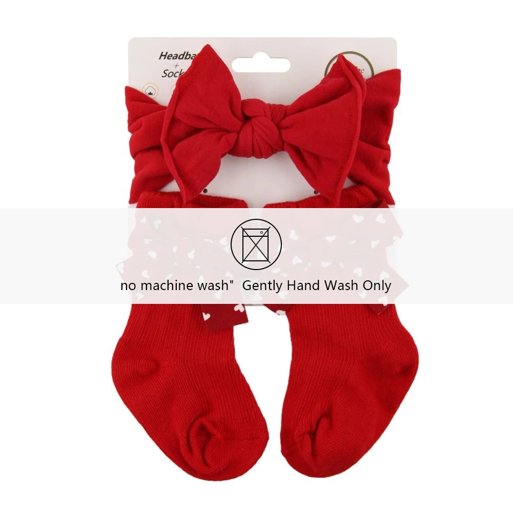 3Pcs/Set Christmas Red Bow Baby Headbands Long Knee Socks Dot Plaid Heart Print Bow 0-12M Sock Velvet Bullet Nylon New Year Gift