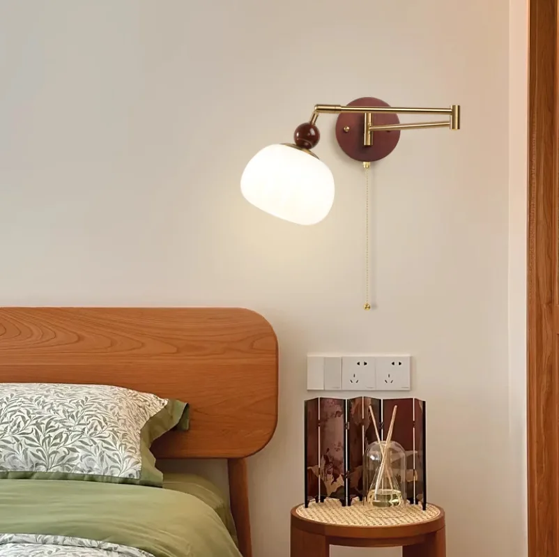 Modern Simple Rotatable Wall Lamp Long Swing Arm LED Wall Lights Foyer Bedroom Hotel Wood Pull Chain Switch Vanity Light