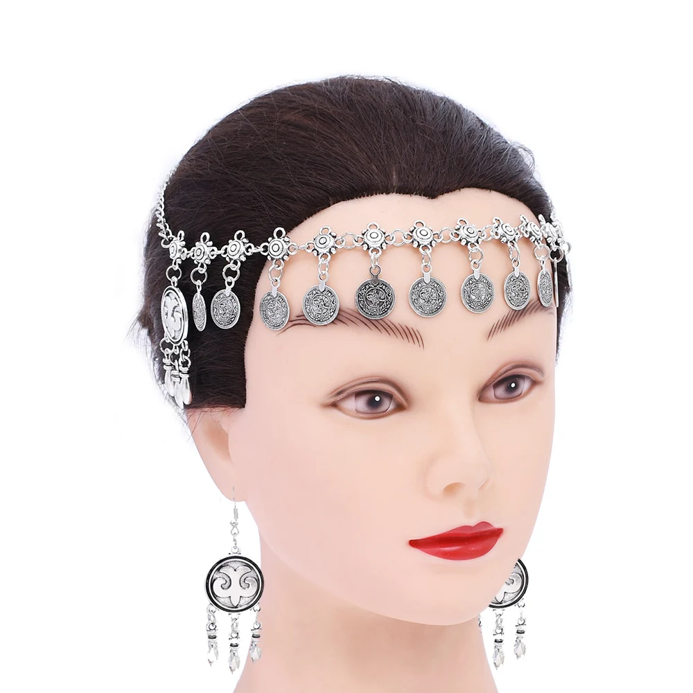 Conjunto de joyería para mujer, diadema con borlas y monedas plateadas Vintage, conjunto de joyería para mujer, étnico bohemio, castaño, Kirghísta, India, Turquía