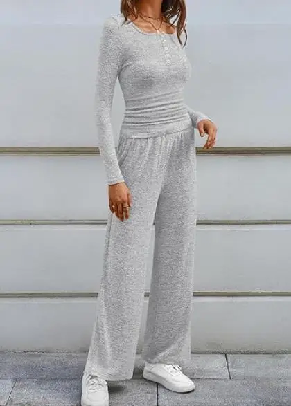 

2025 Новый однотонный топ с воротником Генри и пуговицами, широкие брюки с длинными рукавами, повседневный комплект для женщин