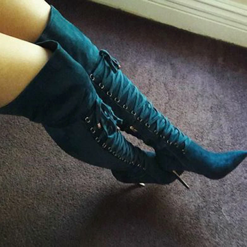 Sexy Women Peacok Green Suede Front Lace-up Thigh Boots Thin High Heels Pointed toe Ladies  Over the Knee Boots Knight Boots