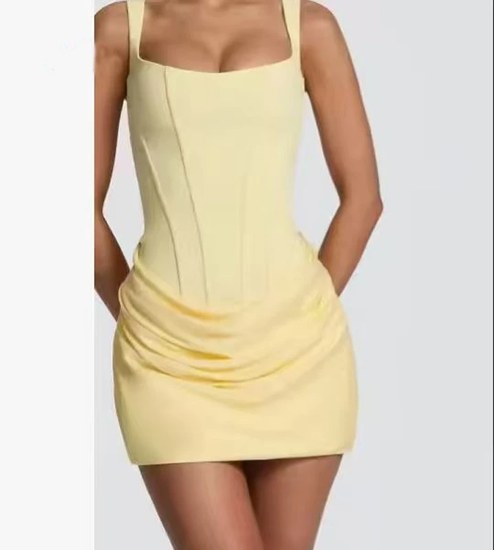 Rückenfreies, gerafftes, sexy figurbetontes Minikleid für Damen, elegantes Bandage-Kleid mit eckigem Ausschnitt, ärmellos, französischer Stil, süßes Club- und Partykleid – Detail 11