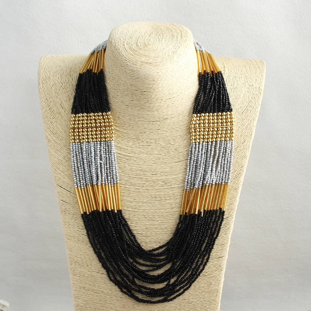 البوهيمي العرقية اليدوية متعدد الطبقات الزجاج الأرز عقد من اللؤلؤ مزيج اللون متعدد حبلا بيان قلادة البذور الخرز قلادة #5