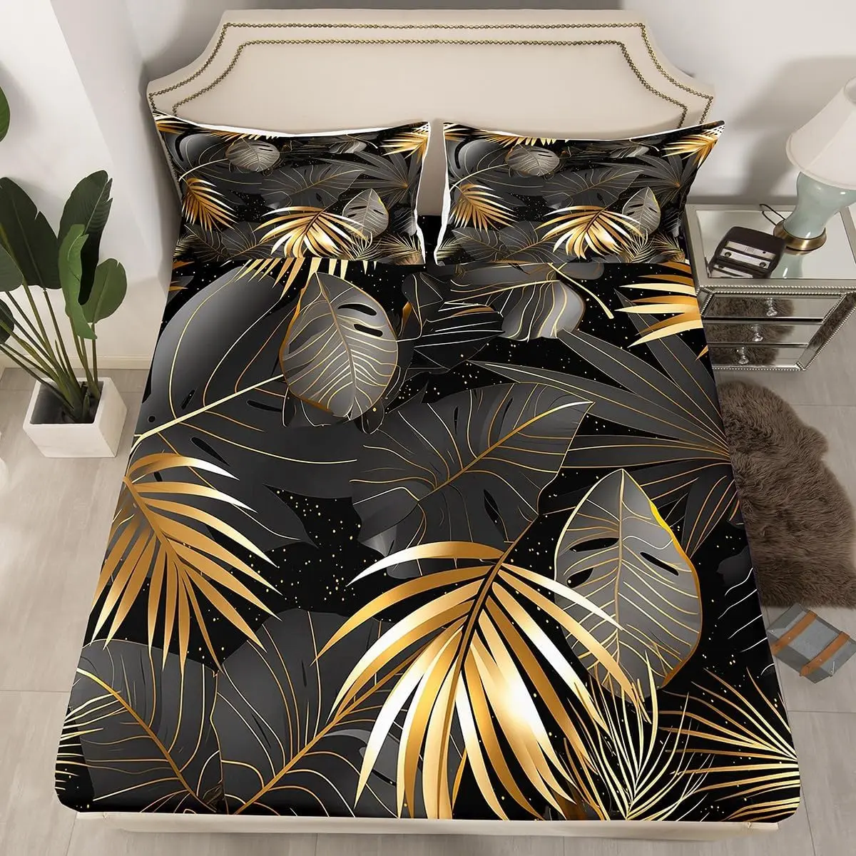 Palm Leaves Fitted Sheet Twin Queen Size for Boys Girls Bedroom,Tropical Plant Leaf Bed Sheets,Botanical Tree Leaves Sheet Set