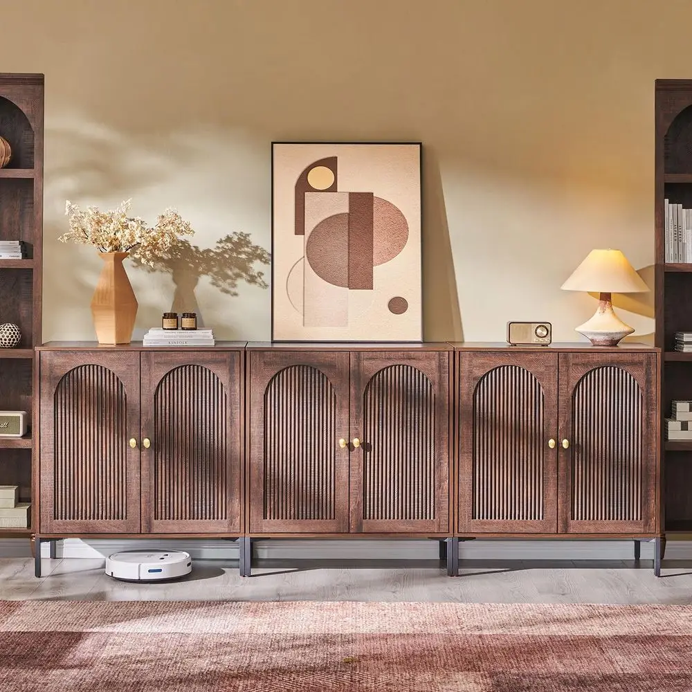 

Arched Top 92.63 Wide Storage Cabinet with Adjustable Shelves for Bathroom, Kitchen, Living Room, and Entryway in Brown