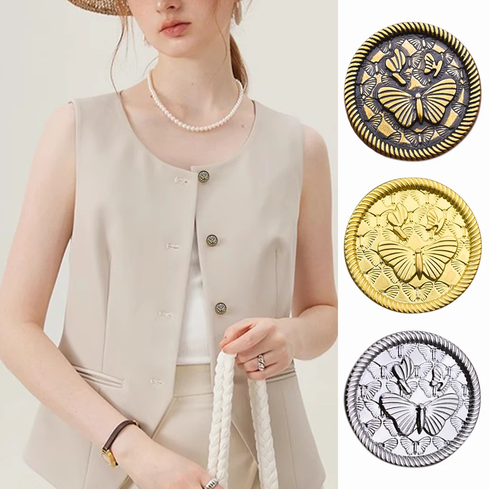 

10pcs Vintage Butterfly Metal Buttons for Coats/Suits/Sewing, 17mm & 23mm, Gold/Silver/Bronze, Elegant Decorative Round Buttons