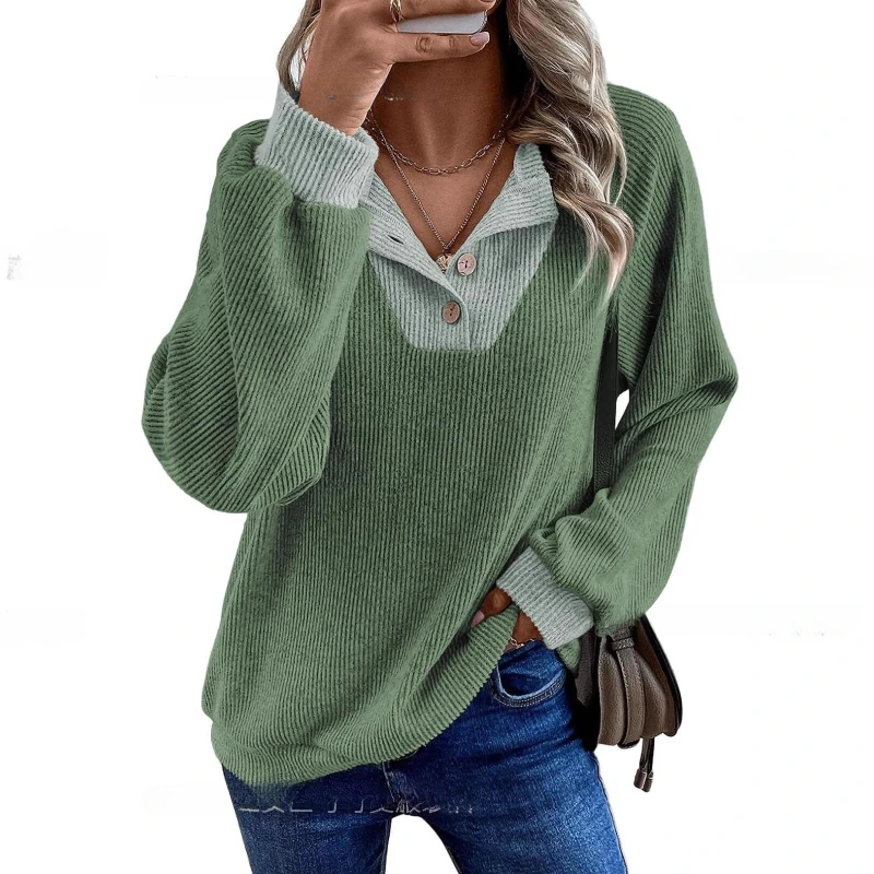 Loose Drop Shoulder Turn Down Collar Contrast Color Long Sleeve Pullover Knitted Top