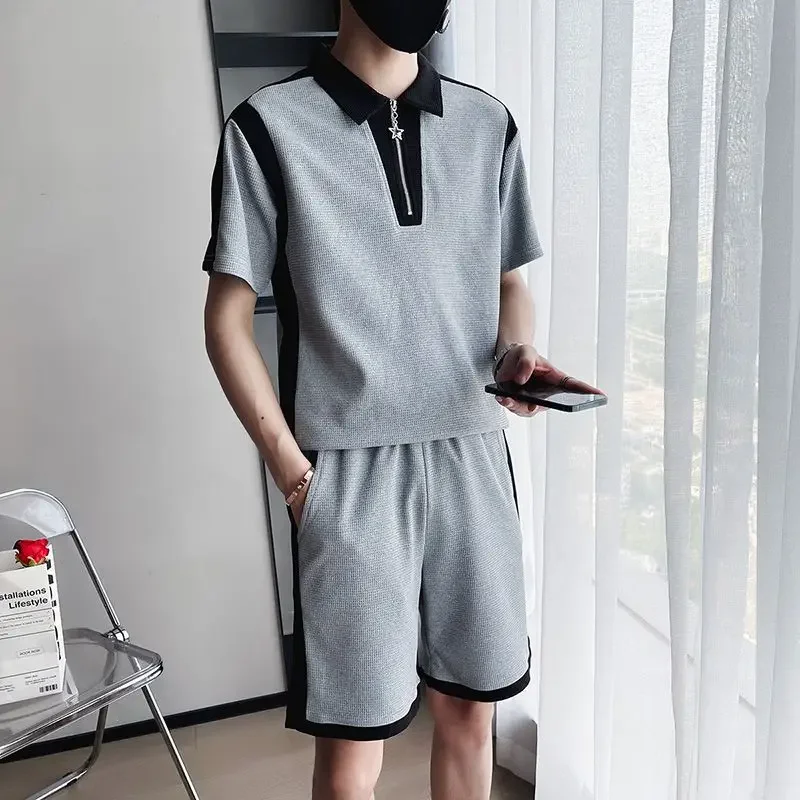 Plain Male Polo T Shirt Shorts Sets Korean Style Top Elastic Sweatshirt High Quality New In Matching Cool Loose Clothes for Men