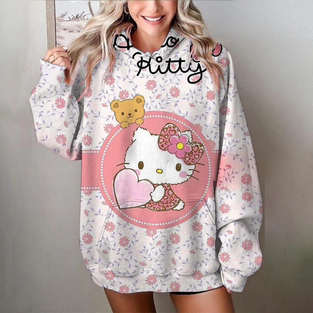 Woman Hello Kitty Hoodies For Men Cartoon Anime Printed Pullovers Loose Y2k Harajuku Hooded Sweatshirt Cute Lolita Hoodie