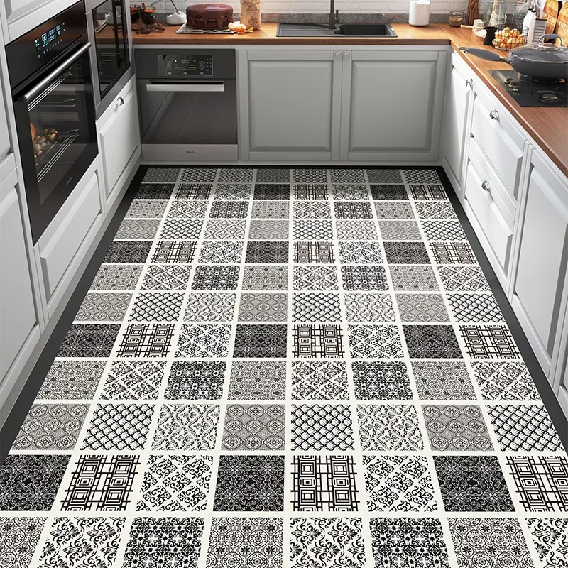 Waterproof Kitchen Carpet, PVC Mats, Non-slip Tile Pattern, Floor Mat, Leather Home Decoration, Vintage Bohemia Rug