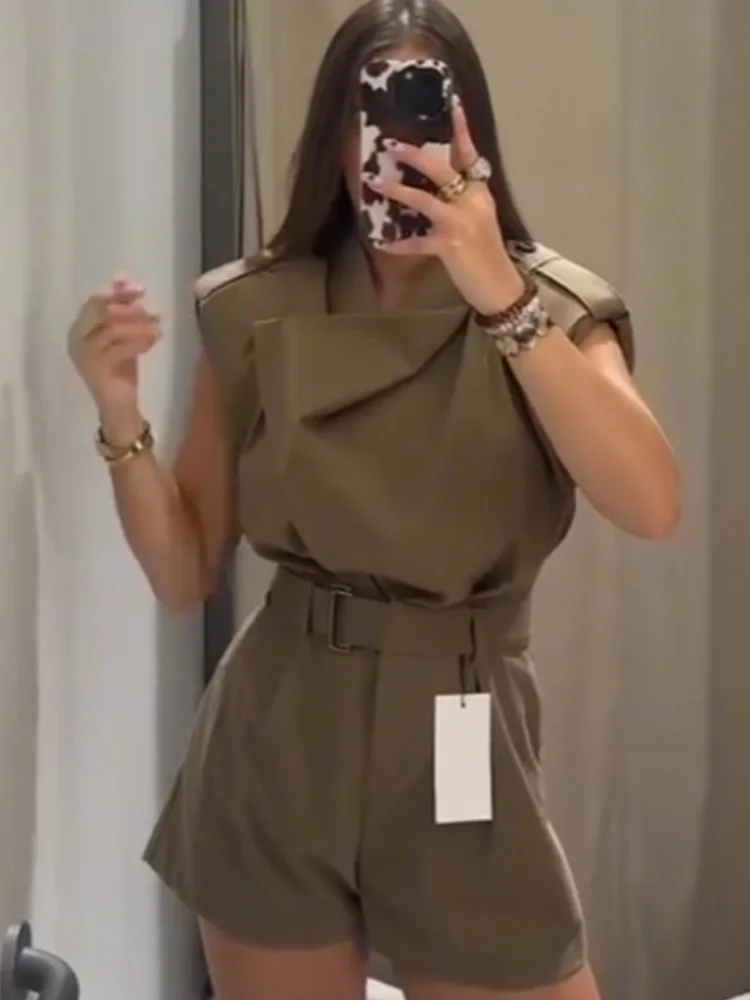 

HH Women Fashion Shoulder Pad Belt Decoration Button Short Jumpsuits Women Sexy Solid Sleeveless Zipper Slim Jumpsuit Mujer