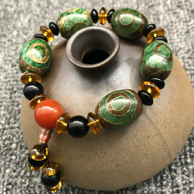 Pulseira Dzi de três olhos de ágata tibetana, velha ágata com cabeça de Buda, estilo Vintage, atacado