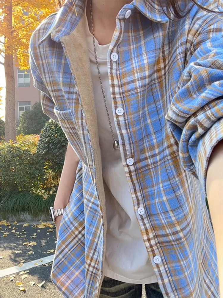 

Vintage Plaid Long Sve Fce Lined Thiened Men Women irt Collared Warm Outerwear Coat for Autumn Winter Casual Wear