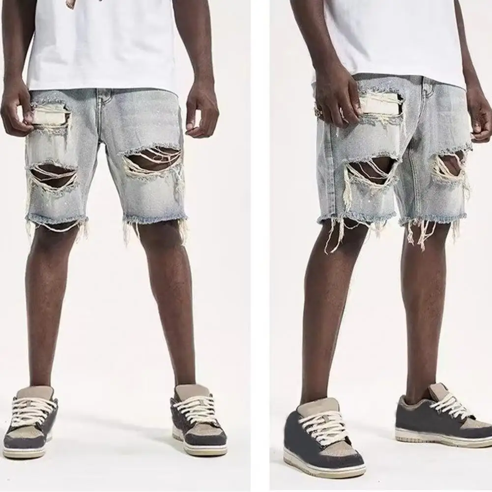 

Fashion 2022 Ripped Hole Denim Shorts Men's Light-color Pants Man's Loose Edge Breeches Beggar Pants Summer Blue Baggy Jeans