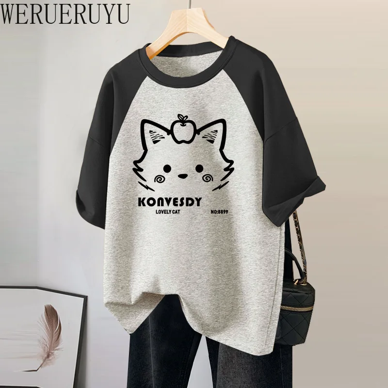 Cartoon Cat Graphic T Shirts Womens Short Sleeve Y2k Cotton Top Clothing Fashion Summer Kawaii Print Loose Tshirt for Women 2024