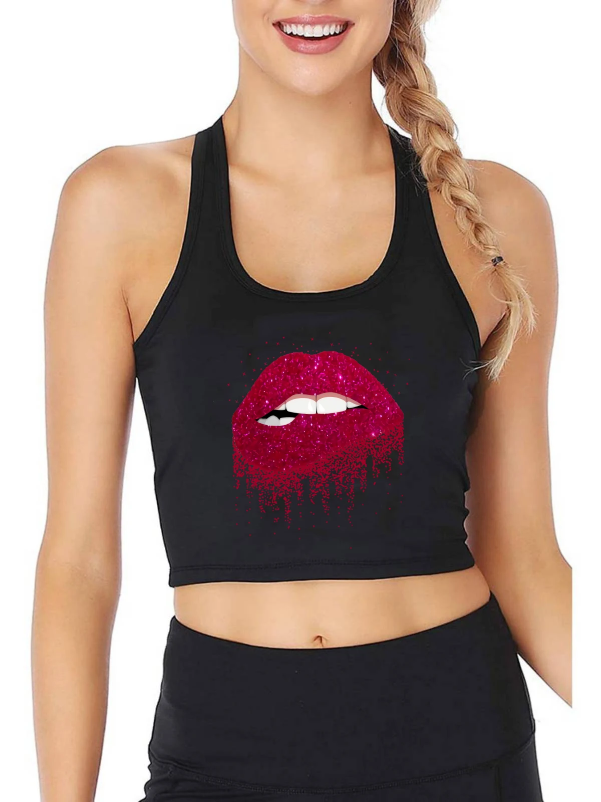 Sexy Shiny Lips Graphics Design Breathable Slim Fit Crop Top Hotwife Swinger Casual Personalized Tank Tops Sugar Baby Camisole