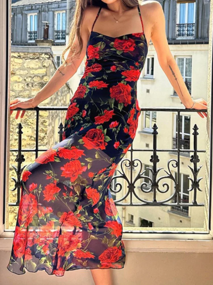 

Fashion Print Dress Lady Elegant Sexy Sleeveless Spaghetti Strap Package Hip Backless Slim Dresses Women Holiday Party Skirt New