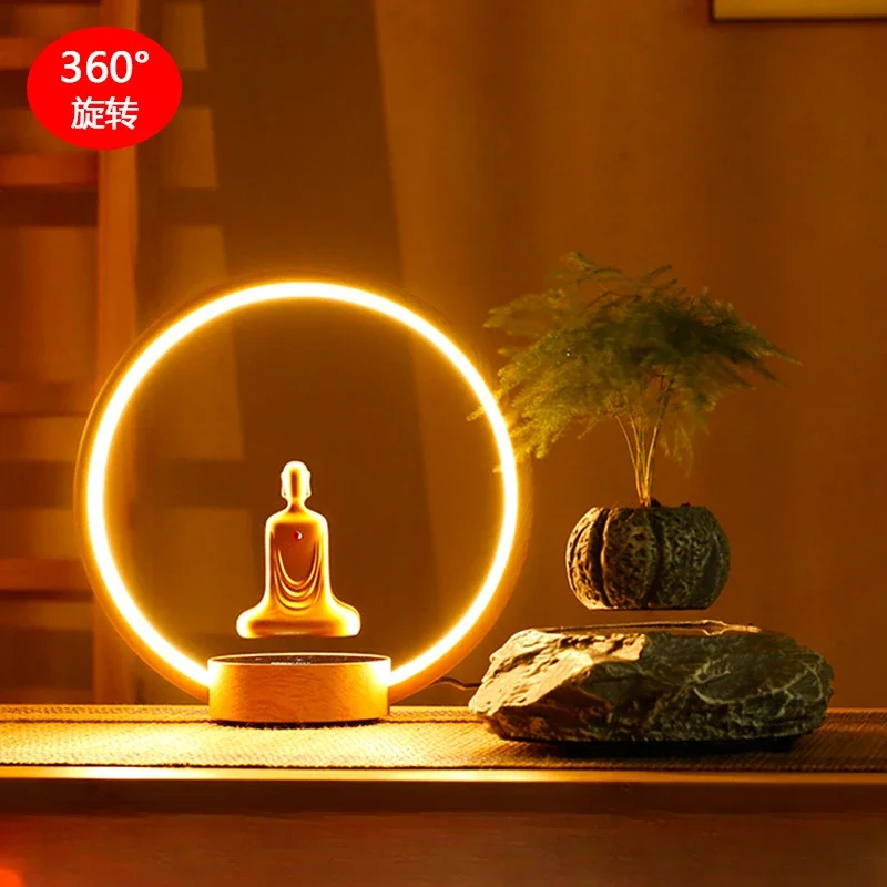 Maglev Buddha Statue Rotation LED Luminous Ring Table Lamp Maglev