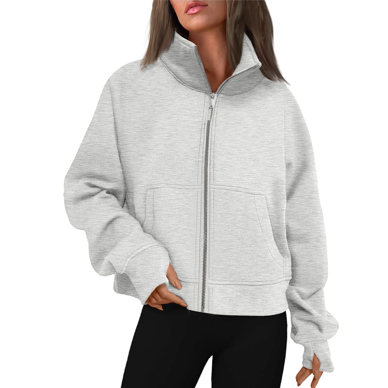 Autumn Winter Fashion Women Cotton Fleece Long Sleeves Thumb Hole Zipper Short Stand-Up Collar Thick Cardigan Sports Hoodie