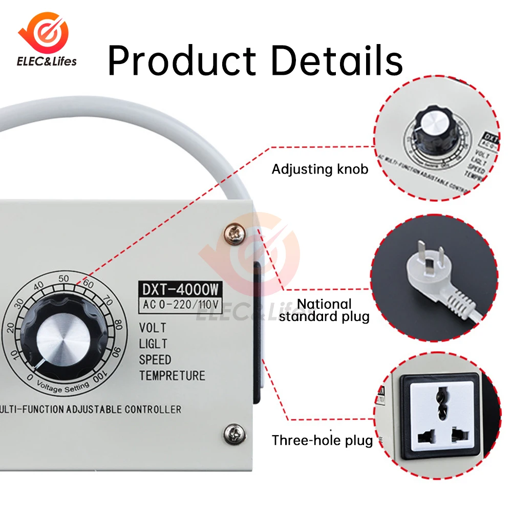 Imagem -06 - Scr Regulador de Tensão Portátil Dimmer Velocidade Temperatura Luz Ajustável Compacto Variável Controlador ca 110v 220v 4000w