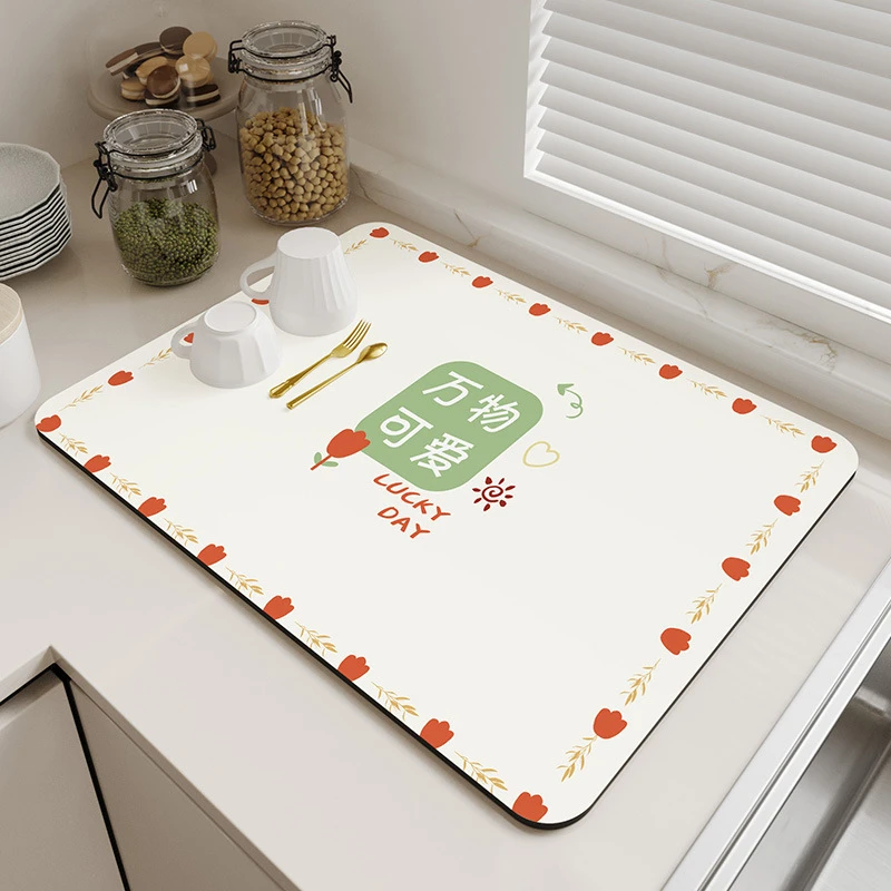VIKAMA Kitchen Drain Mat Pink Peach Fruit Flower PEACH Print Kitchen Counter Mat Highly Absorbent Fast Drying Anti Skid Flexible