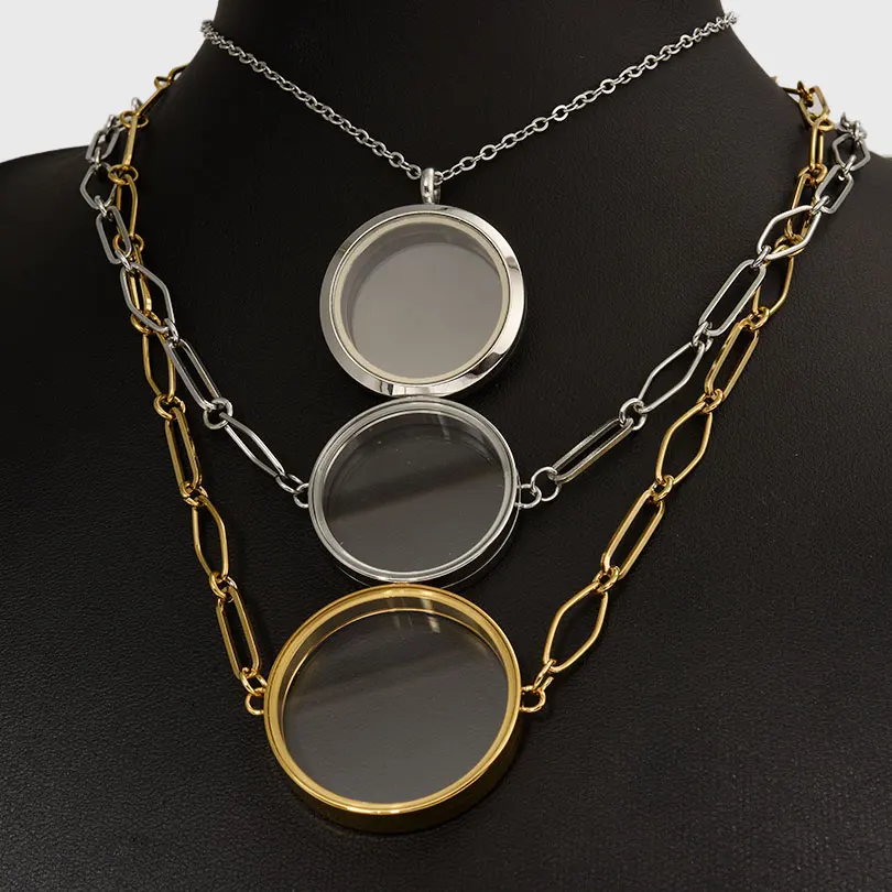 1Pc Stainless Steel Trendy Round Medaillon Coin Bezel Pendant Collares DIY Glass Living Floating Locket Women Necklaces Jewelry