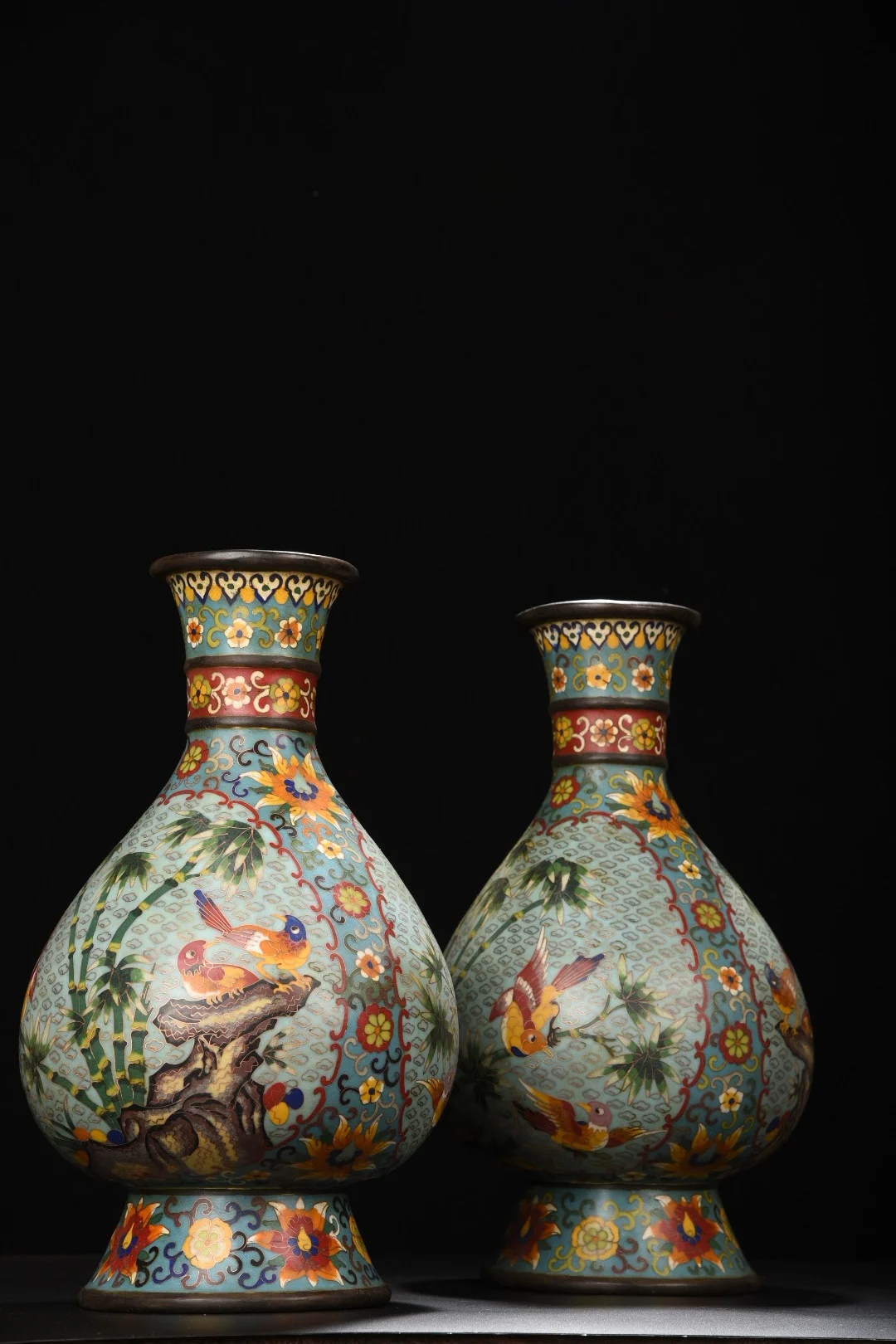 

15"Tibetan Temple Collection Old Bronze Cloisonne Bird Bamboo Leaves pattern Spring Vase big belly Bottle A pair Worship Hall
