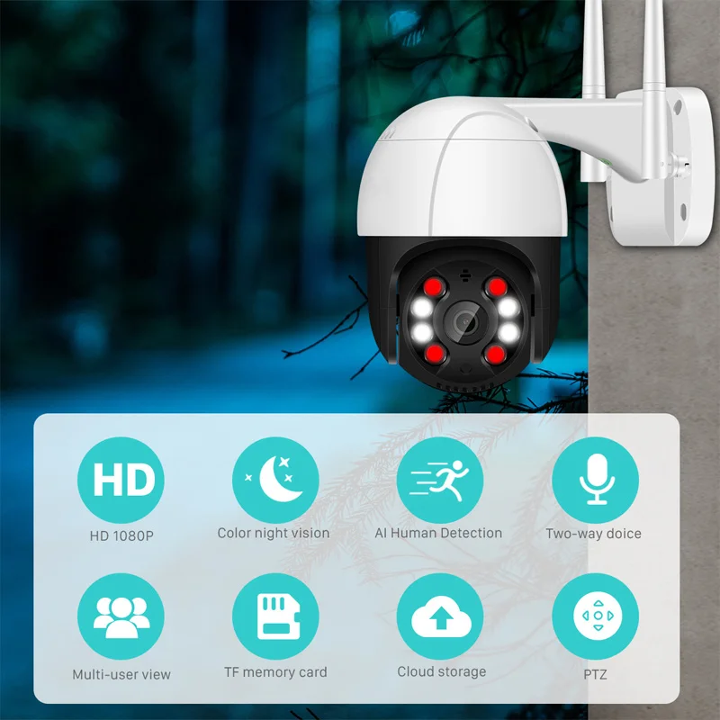 

1080P PTZ Wifi IP Camera Outdoor Rainproof 4X Digital Zoom AI Human Tracking HD Wireless Camera Two-way Voice Color Night Vision