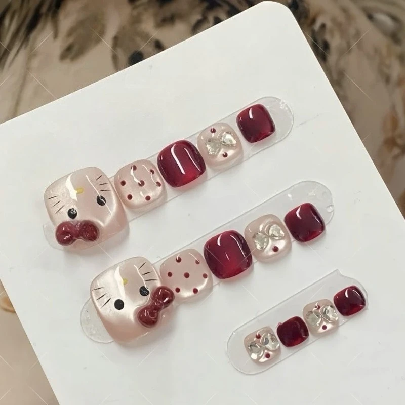 

New Kawaii Sanrio Hello Kitty Handmade Red Bow Cat Eye Wave Dot Foot Armor 14 Piece Nail Art Good-looking Girl Gift