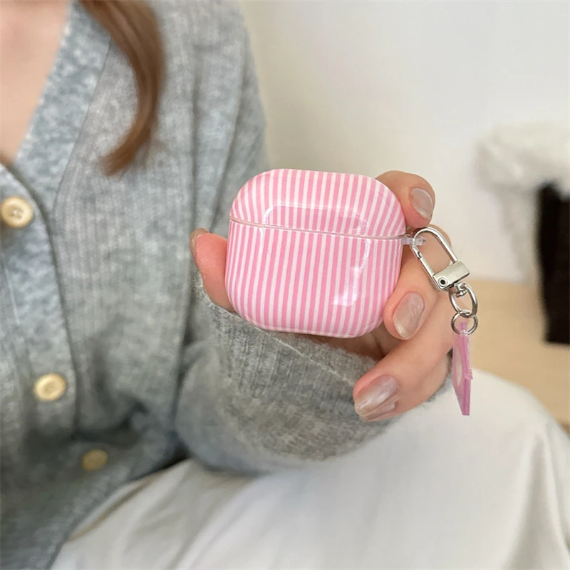 Minimalist Sweet Pink Stripe Hollowed House Pendant Earphone Case Cover for AirPods 2 3 4 Pro 2 Pro 3 Shockproof Protective Case