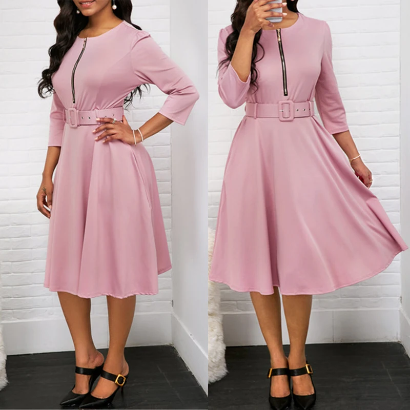 Elegant Women Solid Half Sleeve Party Dress Autumn Casual Zipper Knee-length Midi Dresses Ladies Big Swing Club Dress Vestidos