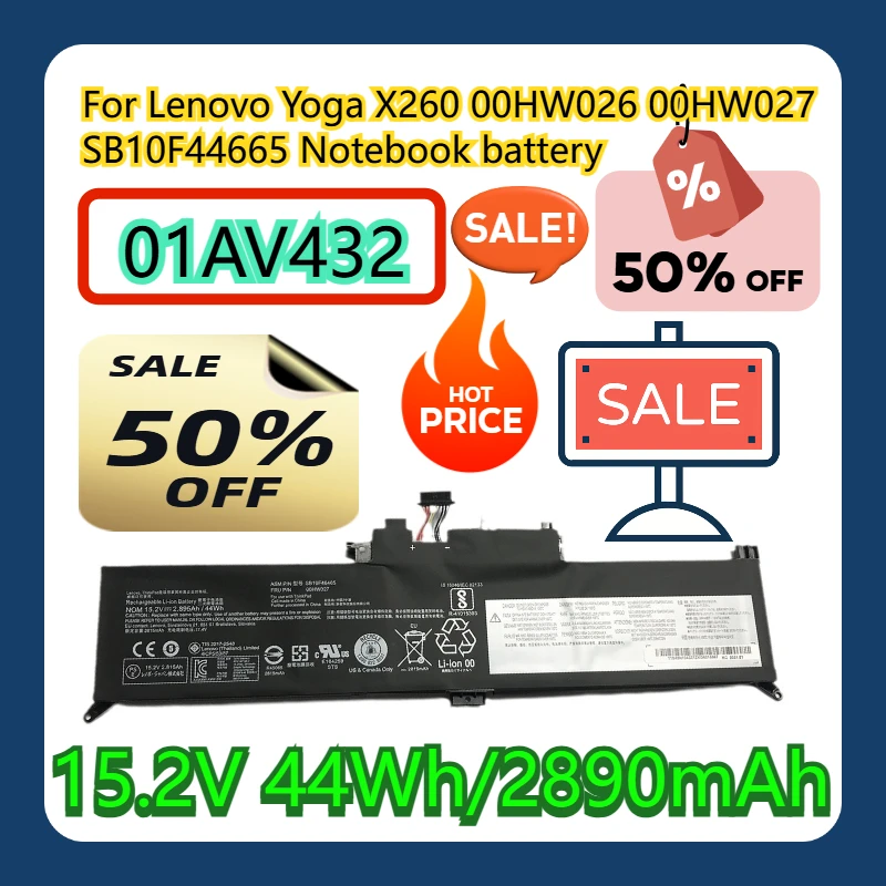 

For Lenovo Yoga X260 01AV432 00HW026 00HW027 SB10F44665 Notebook battery15.2V 44Wh/2890mAh