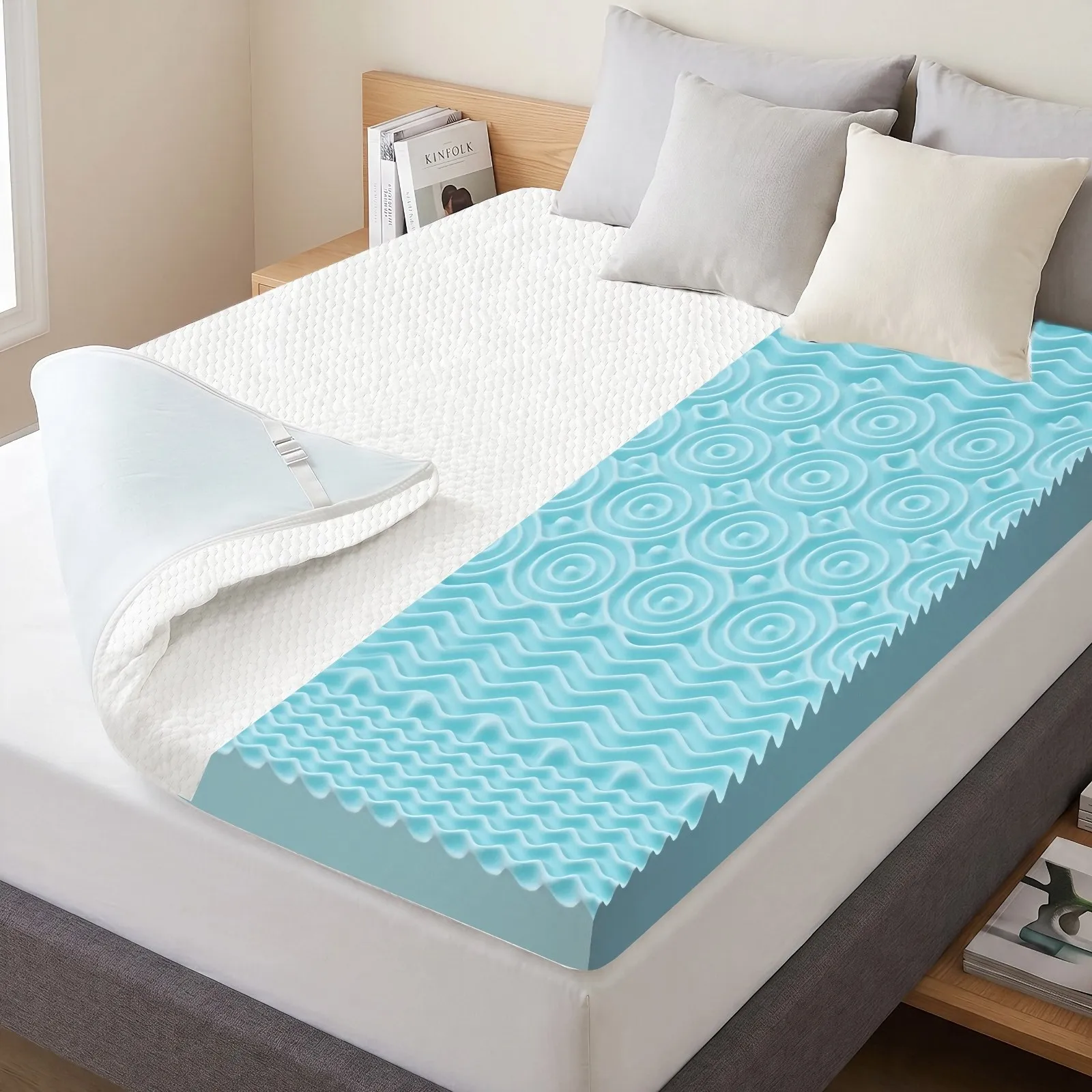 Topper per Materasso in Memory Foam con Rivestimento con Cerniera 140x200/180x200cm, Topper in Gel Rilassante e Rinfrescante, Morbido e Rigido, per Dormire Comodamente e Alleviare il Mal di Schiena