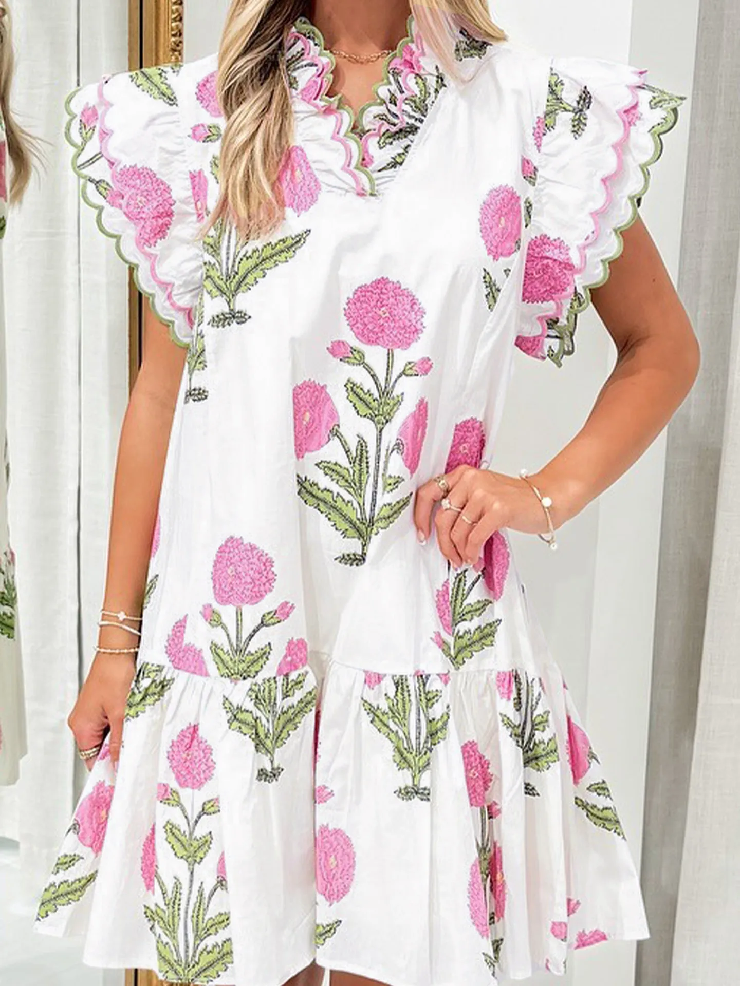 DearLover High Waist Knee-Length Print Dress Women's Summer New Short Sleeve Floral Print Dress Casual Loose Fit V-Neck Dress