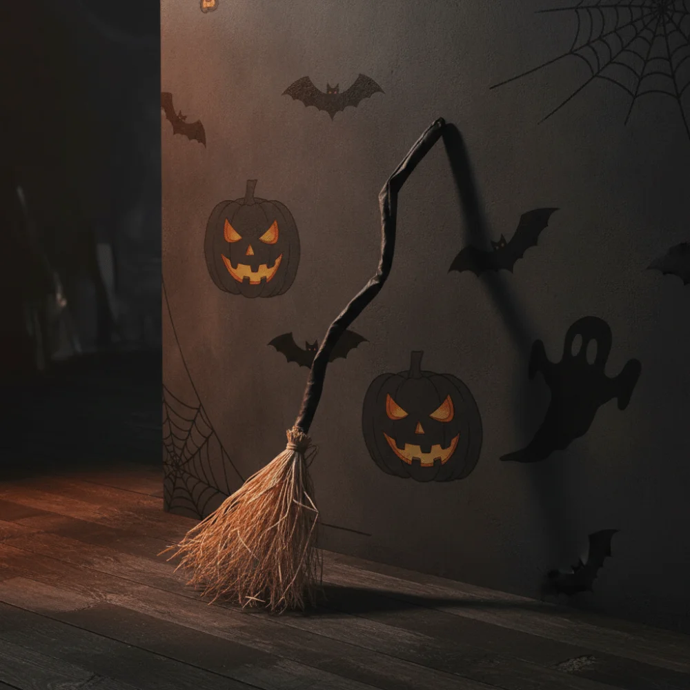 Glowing Animated Dancing Witch Broom Bendable Stick Movable Halloween Magic Witch Broomstick Walking Feet with Sounds