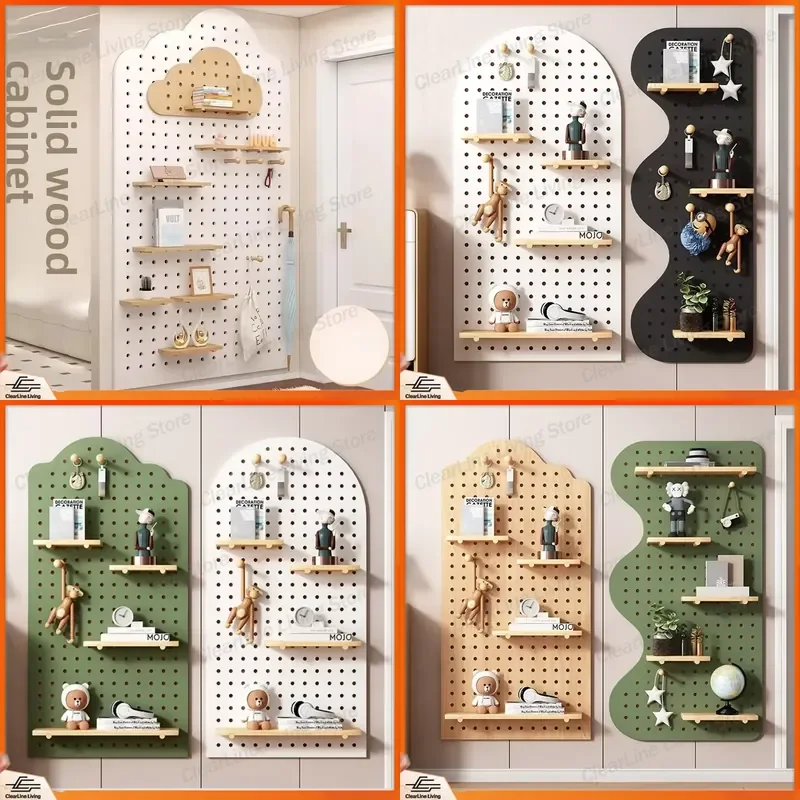 for Solid Wood Pegboard Entryway Organizer Customizable Storage Shelf Door Panel Decor Wall Mounted Perforated Board Storage