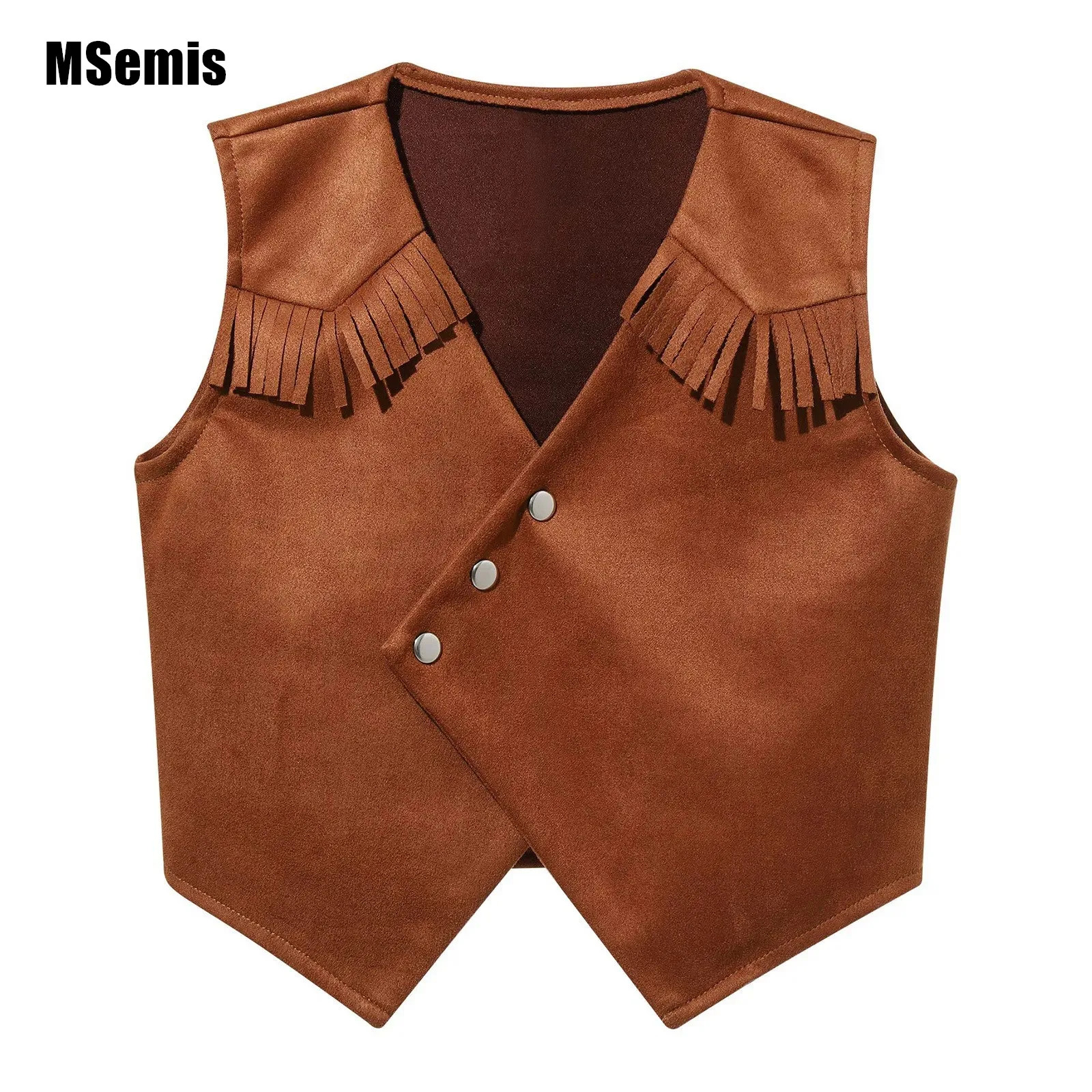 

Kids Boys Western Cowboy Vest Cosplay Costume Pointed Hem Press Buttons Fringe Tassels Vest for Theme Party Performance