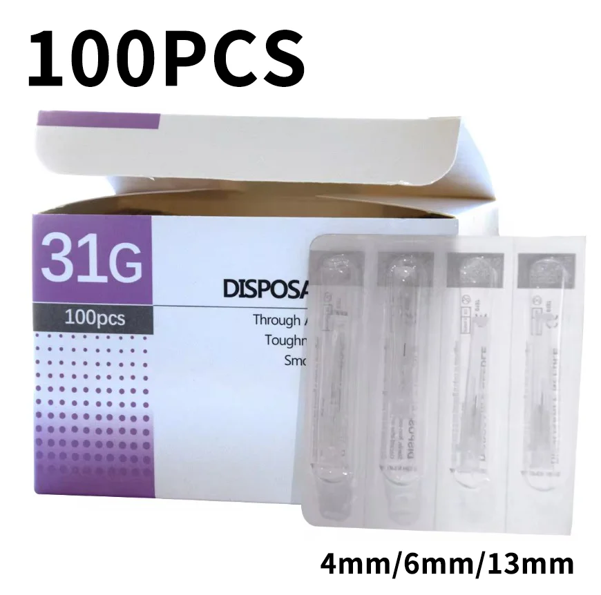 100PCS 31G Painless Needle 4/6/13mm Beauty Ultrafine Piercing Transparent Glue Clear Syringe Injection Tip Cap Pharmaceutical