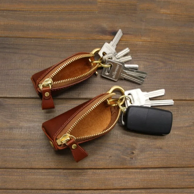 1PC Vintage Creative Leather Zipper Keychain Key Cover Car Key Home Key Multi-functional Keychain Pouch