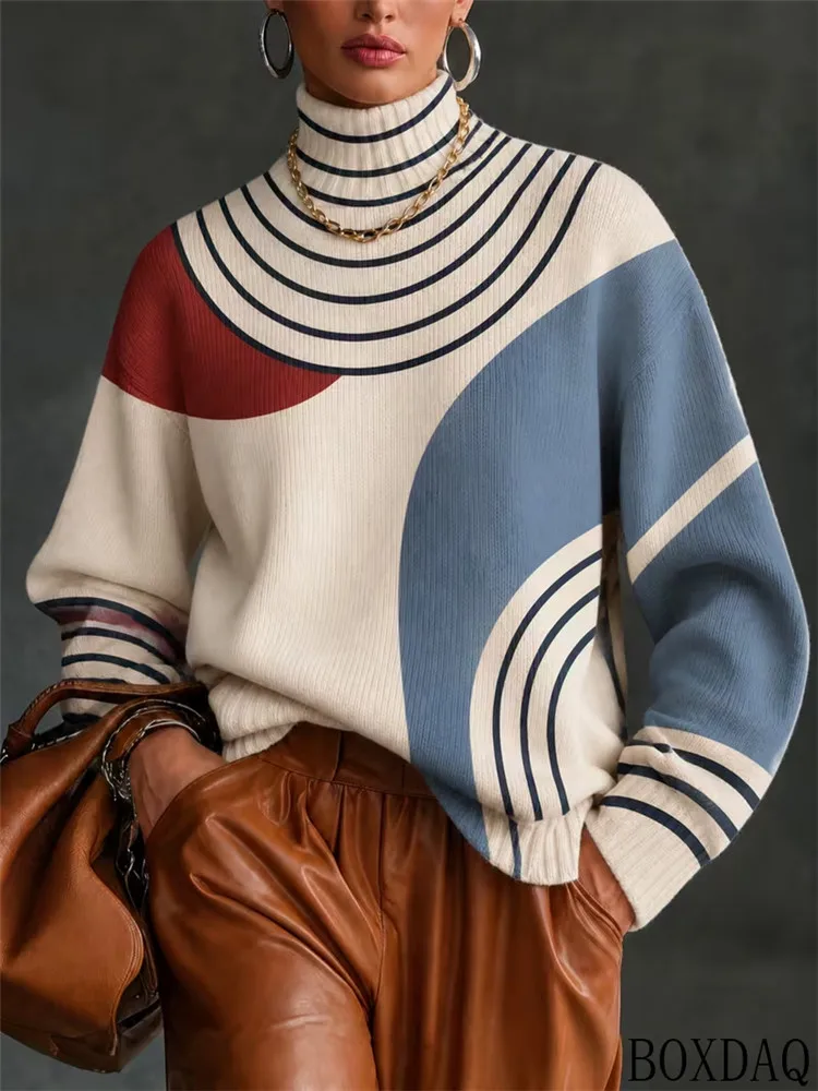 Geometric Color Block Striped Print Blouse Casual Women Long Sleeve Turtleneck Loose Knit Shirt Autumn Elegant Ladies Daily Tops