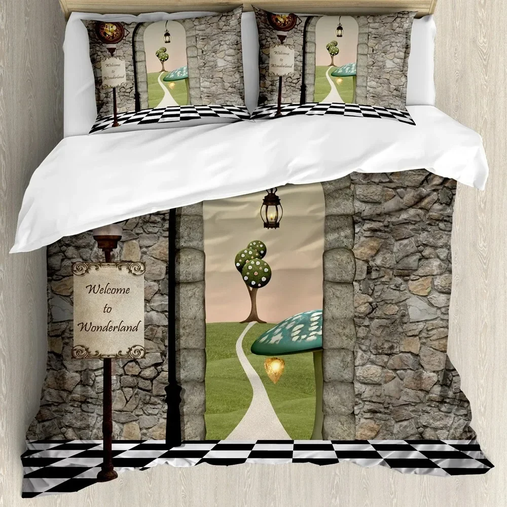

Alice In Wonderland Duvet Cover Set,Welcome Wonderland Black and White Floor Landscape Mushroom Print, Decorative Bedding Sets