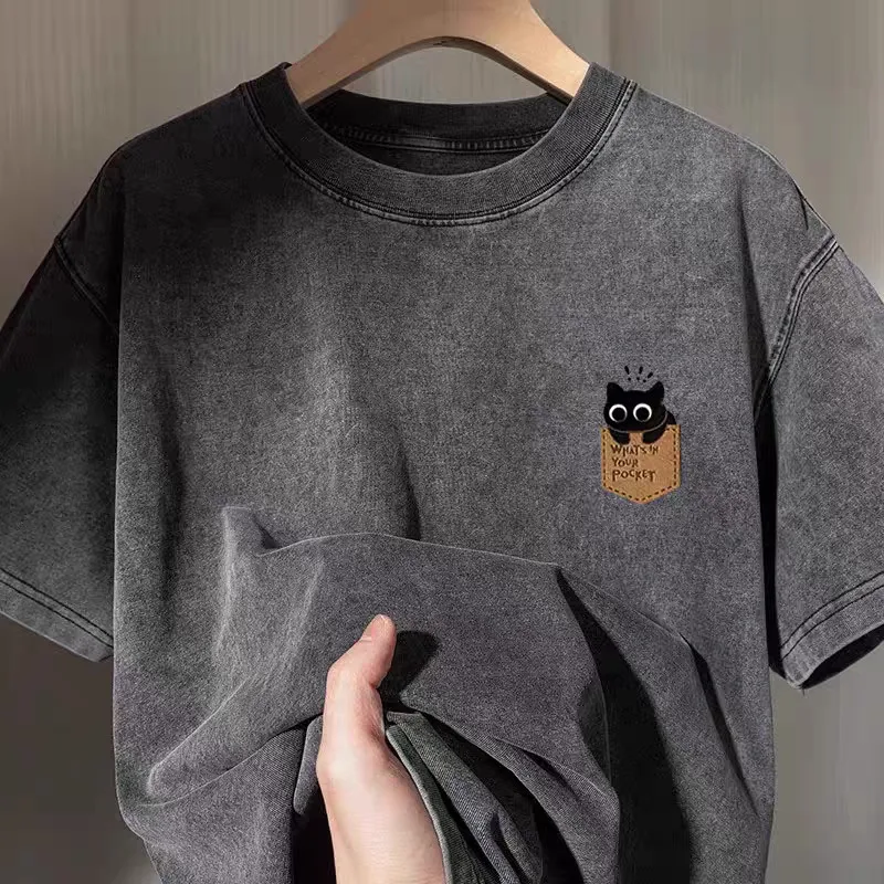 Men's Vintage Make Old Fashion Round Neck Loose Short Sleeve T-shirt Summer Classic  American Retro Distress Half Sleeve Tee Top