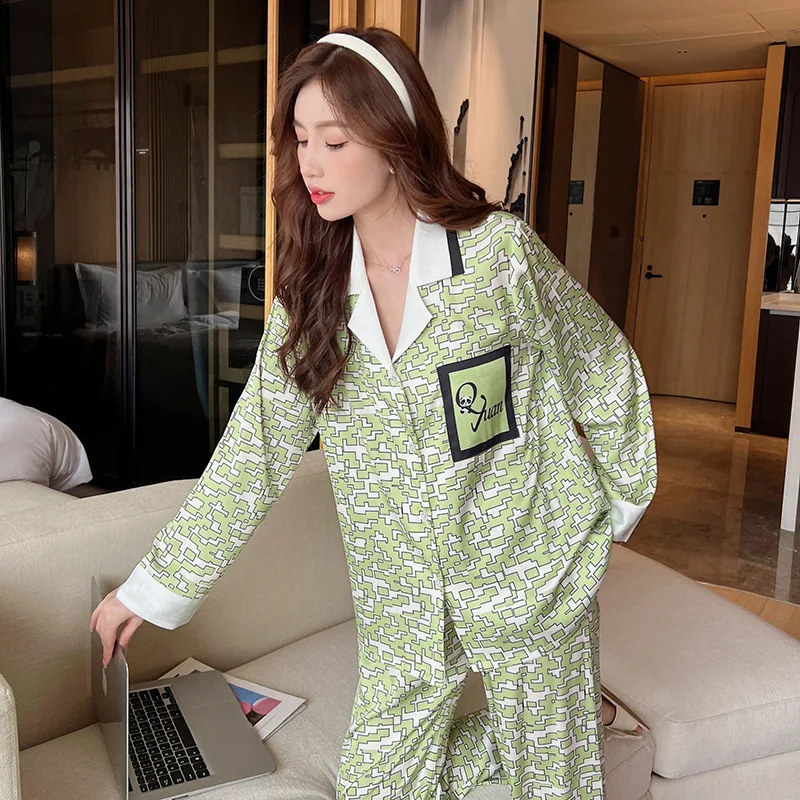 Women Green Pajamas Suit Satin Silkly Homewear Women Long Shirt Pant Turn Down Collar Sexy Pyjamas Sleepwear Print Nightwear